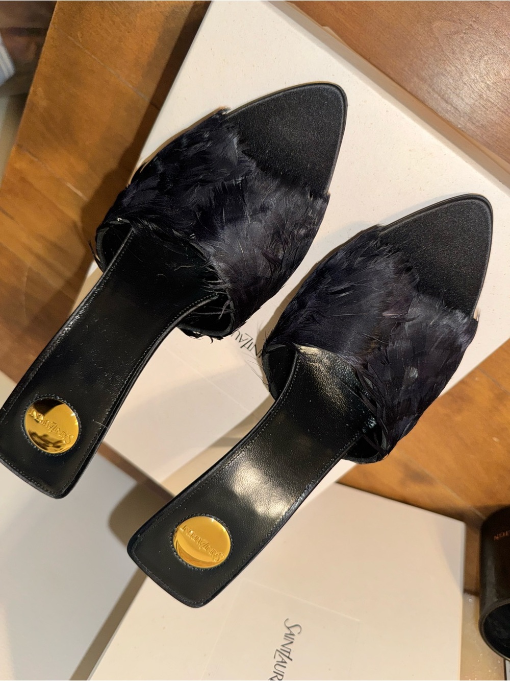 Black Feather YSL Mule Heels - Women's Elegant Slip-On Sandals